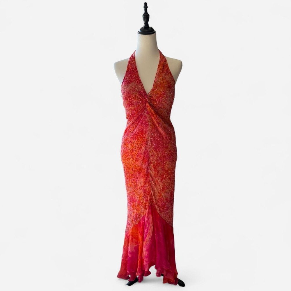Scala Vintage Y2K Orange Pink Beaded Silk Halter Maxi Dress Small Tie Dye Gown